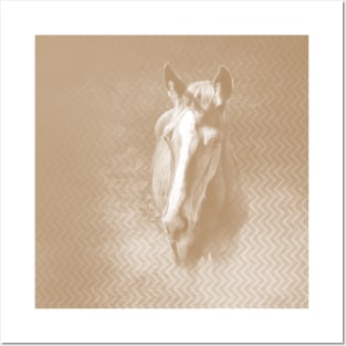 Horse emerging from the mist in iced coffee beige Posters and Art